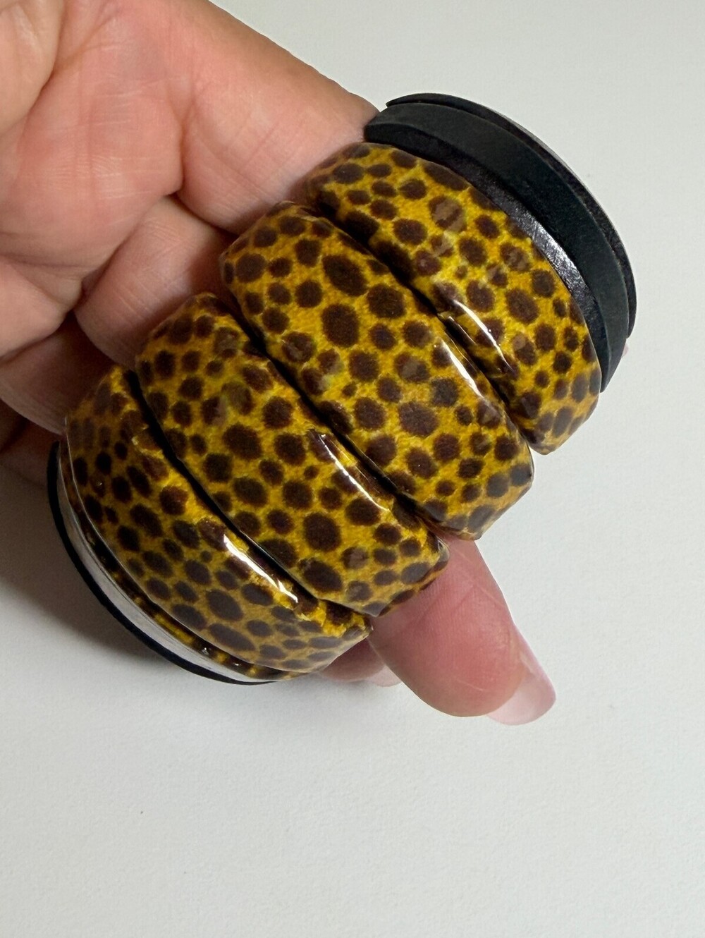 Chunky Leopard Print and Black Wooden Stretch Bracelet